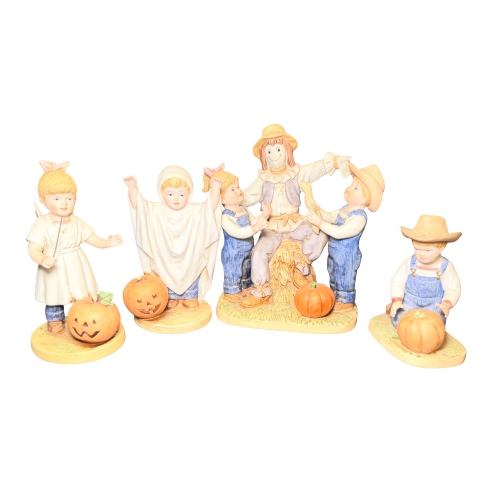 Homco Denim Days Halloween Fall Figurines Set of 4 Porcelain Bisque 1985